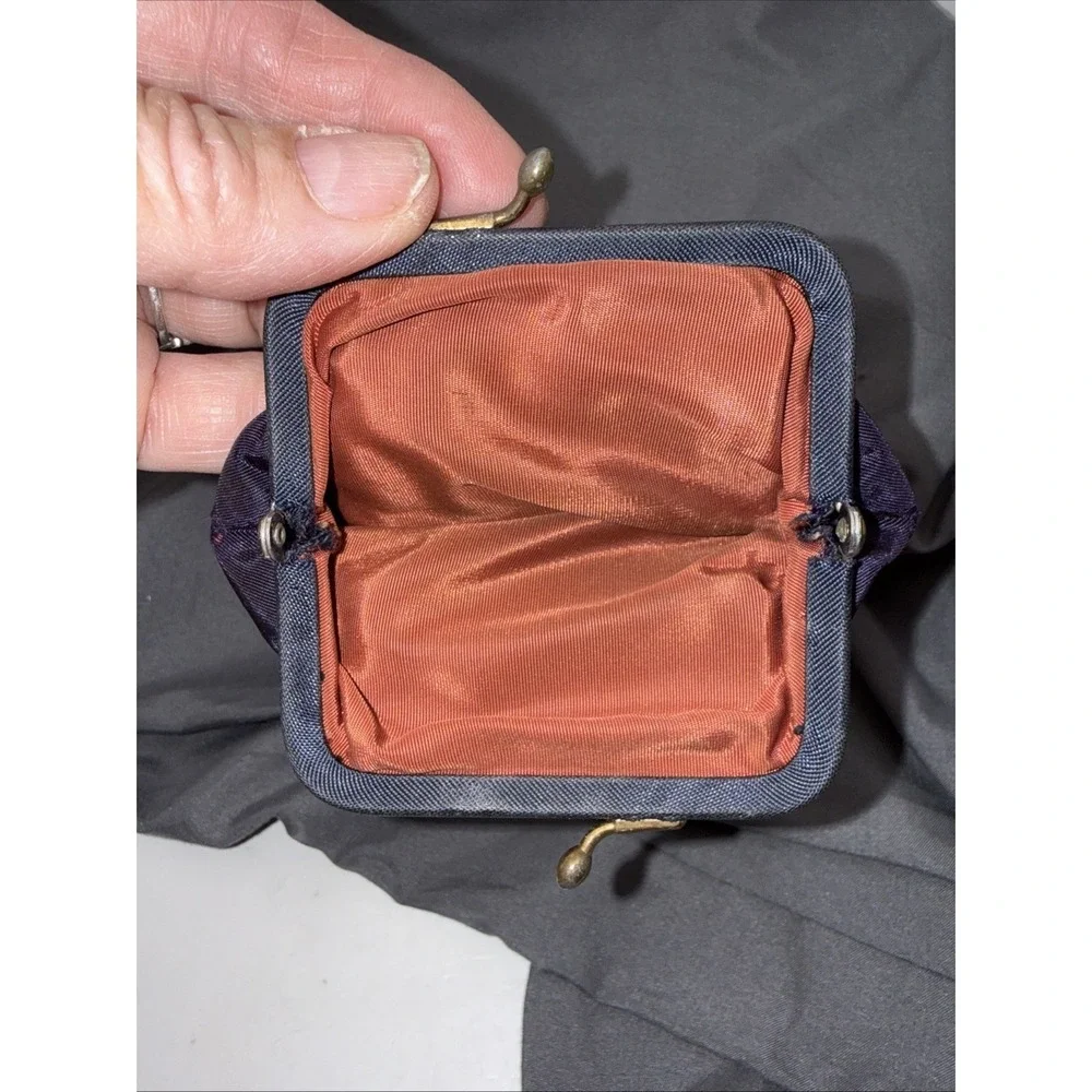 Vintage Navy Silk and Satin Coin Purse Lining A Rust Color Kiss Closer